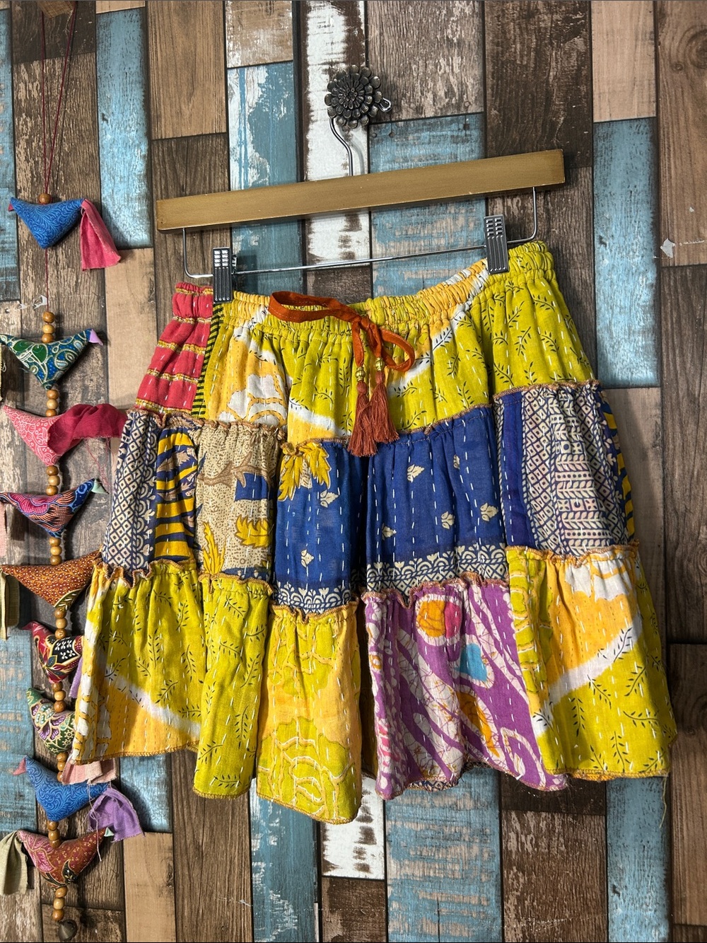 Kantha Boho Patchwork Circle Skort in Yellow and Blue